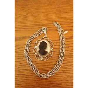 Whiting Davis Black Cameo Pendant Necklace Vintage Silver Tone